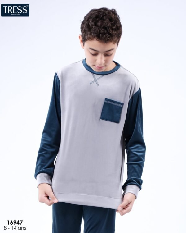 Tress Pyjama garçon velours – Réf 16947 – Gris et pétrole