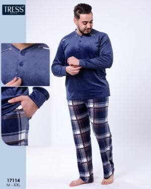 Tress Pyjama homme velours à carreaux – Réf 17114 – Bleu marine