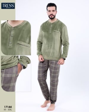 Tress Pyjama homme velours à carreaux – Réf 17144 – Vert kaki