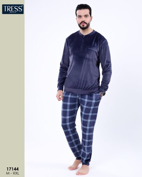 Tress Pyjama homme velours à carreaux – Réf 17144 – Bleu marine
