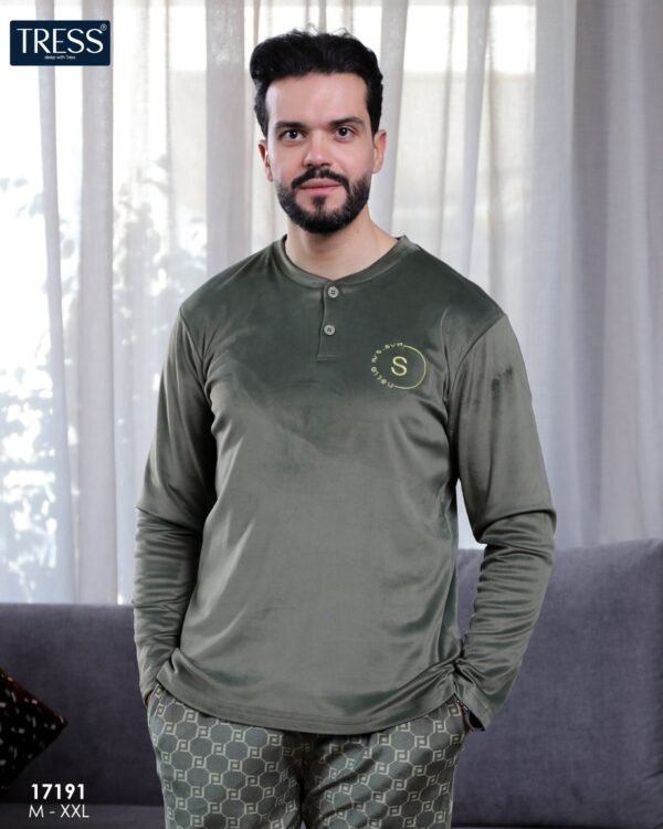Tress Pyjama homme velours imprimé – Réf 17191 – Vert kaki
