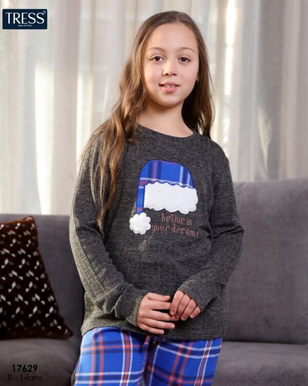 Tress Pyjama fille Noël à carreaux – Réf 17629 – Gris et bleu