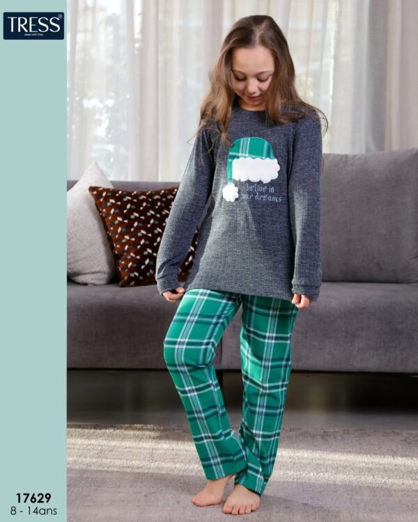 Tress Pyjama fille Noël à carreaux – Réf 17629 – Gris et vert