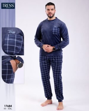 Tress Pyjama homme velours à carreaux – Réf 17684 – Bleu marine
