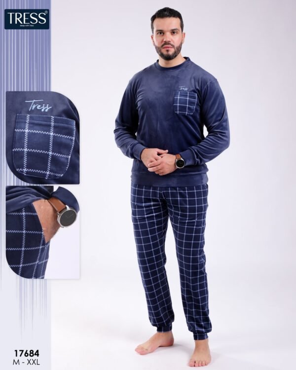 Tress Pyjama homme velours à carreaux – Réf 17684 – Bleu marine