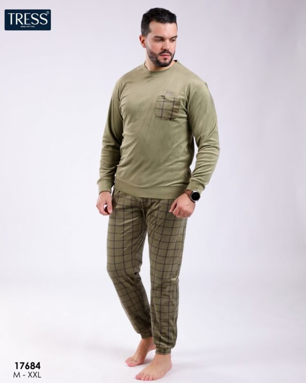 Tress Pyjama homme velours à carreaux – Réf 17684 – Vert kaki