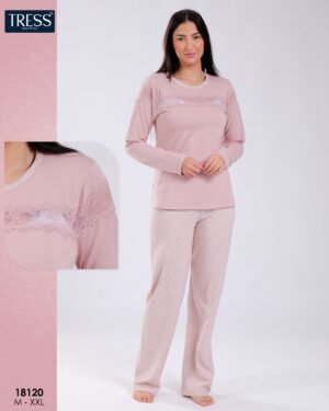 Tress Pyjama dentelle pantalon imprimé – Réf 18120 – Vieux rose