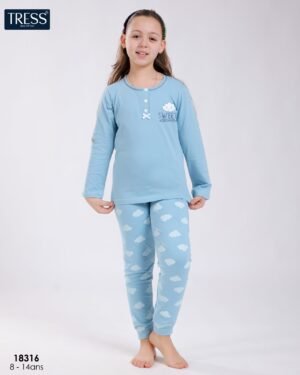 Tress Pyjama fille imprimé nuages – Réf 18316 – Bleu ciel