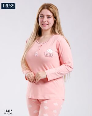 Tress Pyjama imprimé nuages – Réf 18317 – Pêche