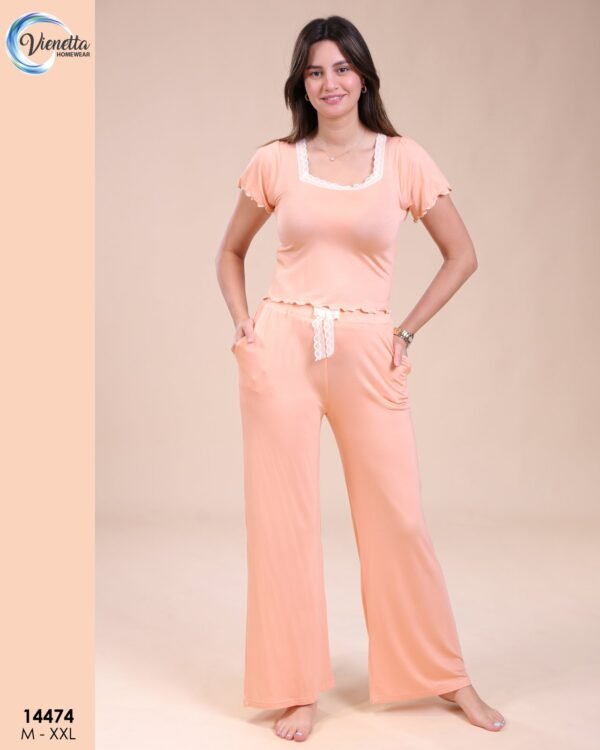 Vienetta Pyjama pantalon large dentelle – Réf 14474 – Pêche