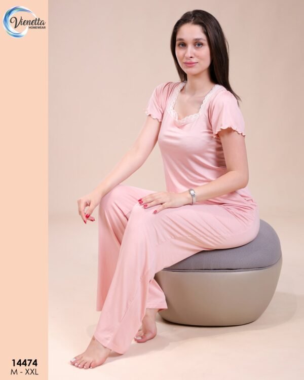 Vienetta Pyjama pantalon large dentelle – Réf 14474 – Rose poudré