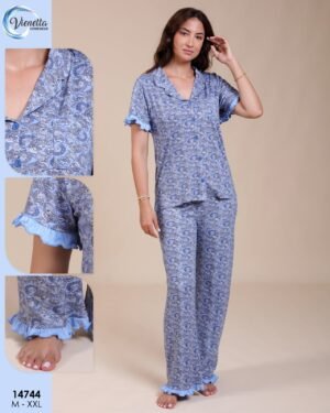 Vienetta Pyjama cachemire à volants – Réf 14744 – Bleu
