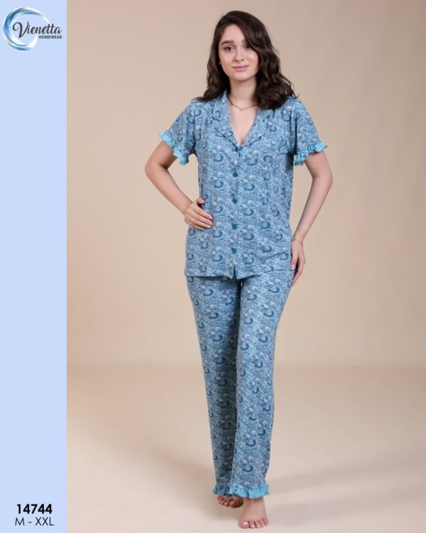 Vienetta Pyjama cachemire à volants – Réf 14744 – Bleu pétrole